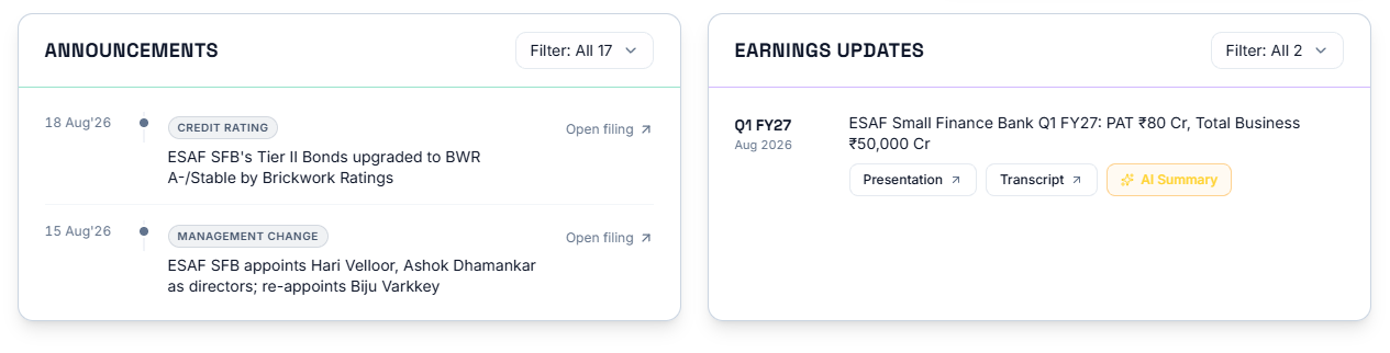 Announcements and Earnings Updates panels, scoped to one stock