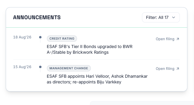 Announcements list for one stock, showing category tags and Open Filing links