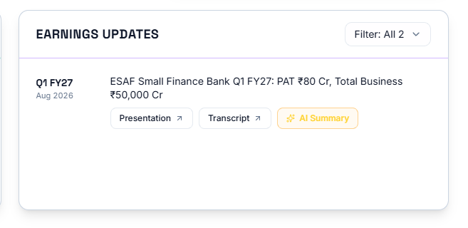 Earnings Updates list for one stock, showing Presentation, Transcript, and AI Summary links