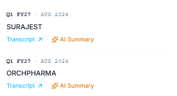 Earnings Updates entry showing the Transcript link