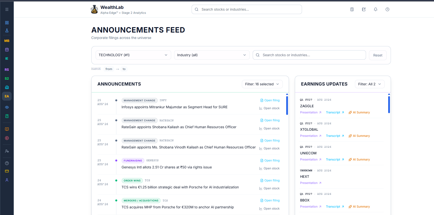 Announcements Screen, full page