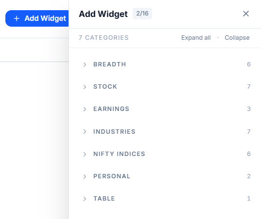 Dashboard, slightly zoomed in, highlighting the side panel of widgets and the add button on the top