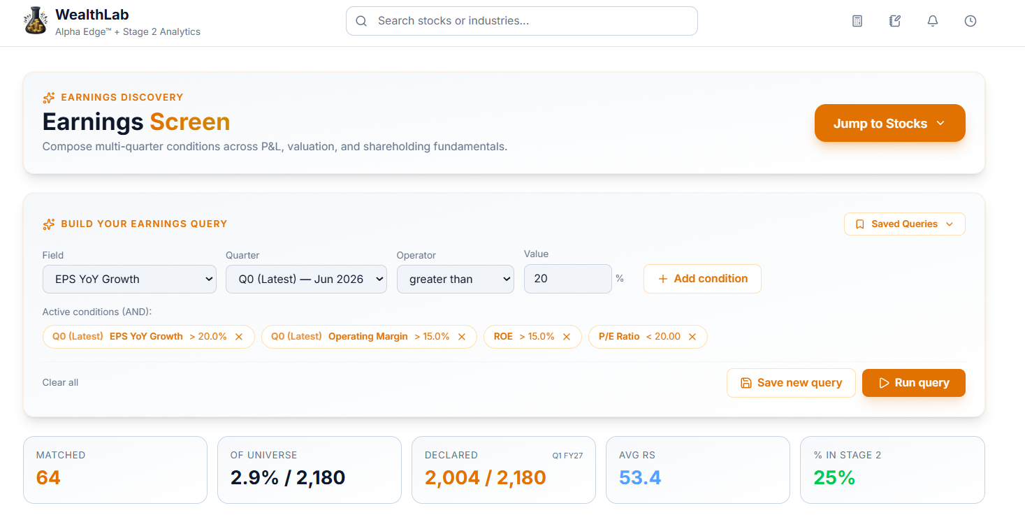 Earnings Screen, full page overview
