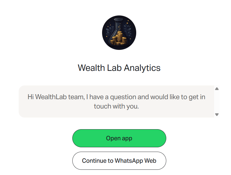 Chat on WhatsApp handoff screen, with Open app and Continue to WhatsApp Web buttons