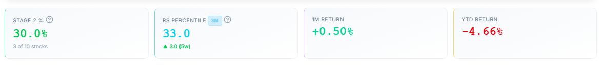 Summary cards row β Stage 2 %, RS Percentile, 1M Return, YTD Return
