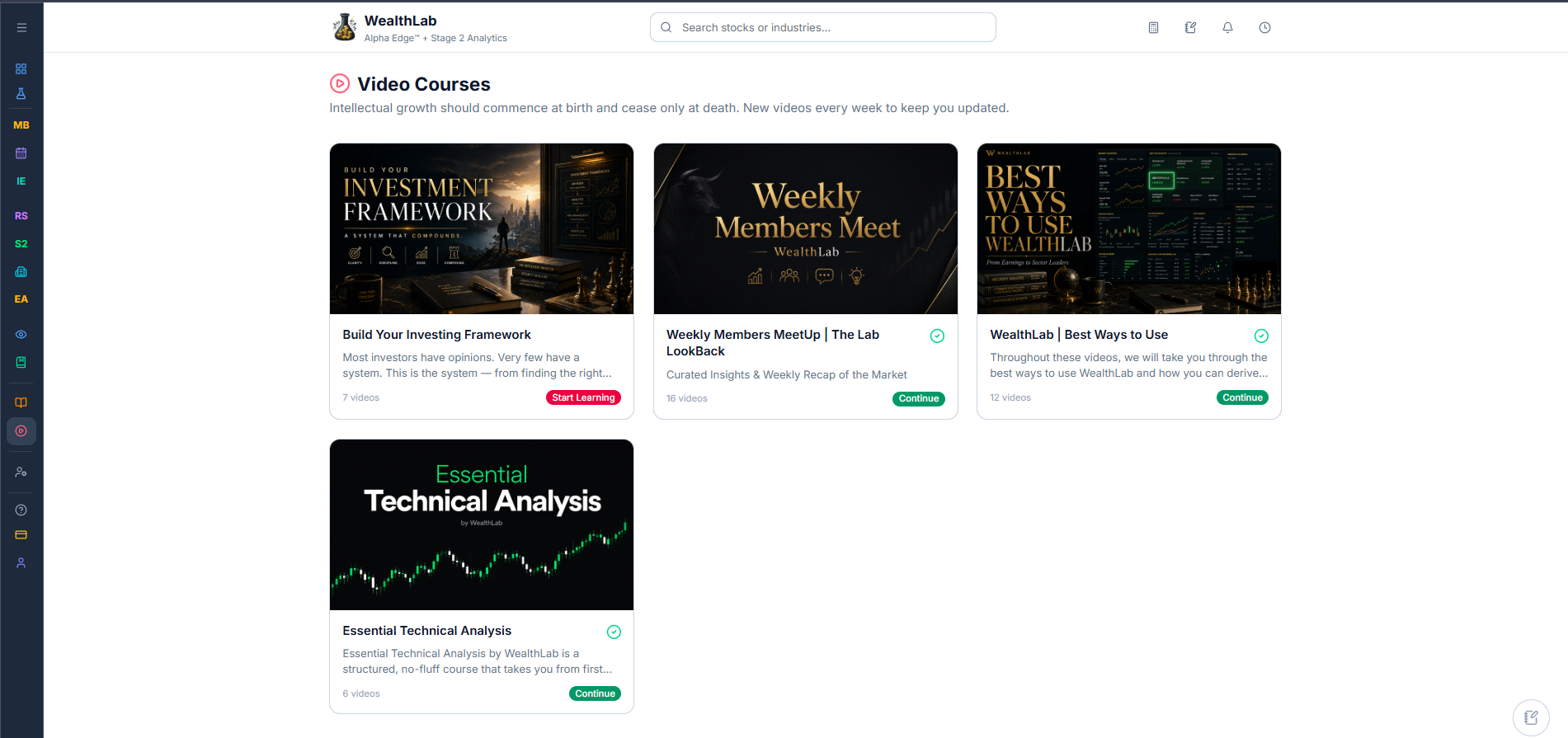 Video Courses grid, showing course cards