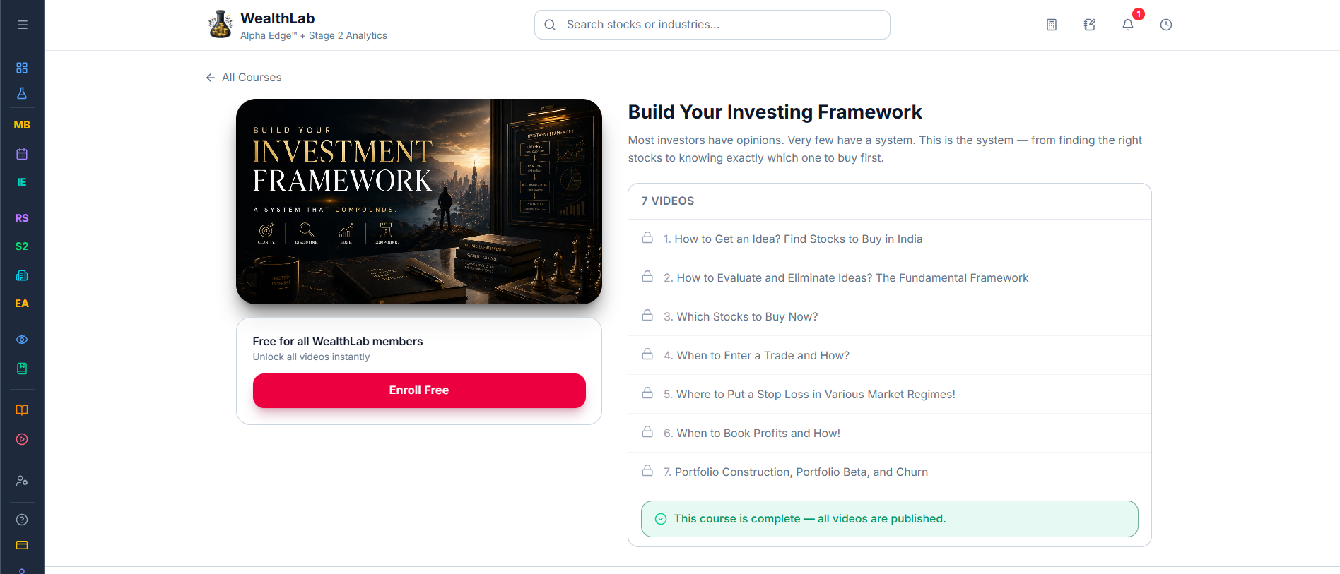 Opened course page, "Build Your Investing Framework", with numbered video list