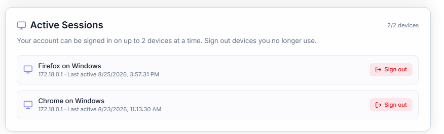 Active Sessions list with two devices