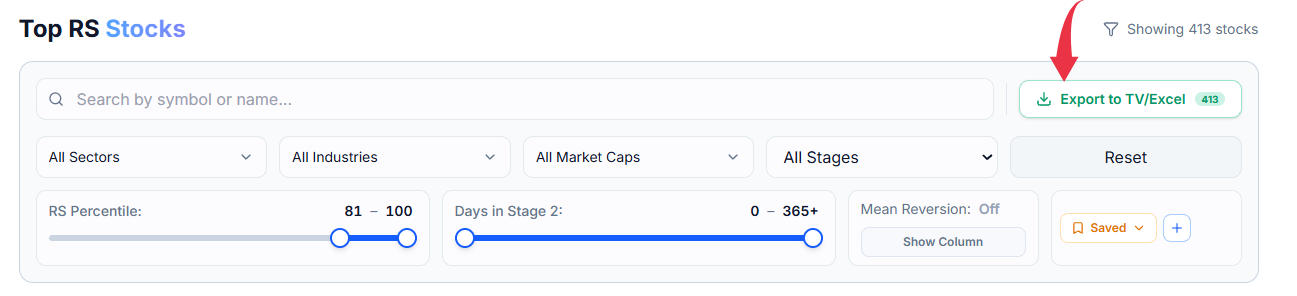 Export to TV/Excel button showing stock count