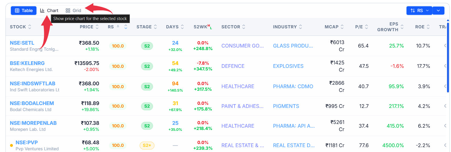 Chart and Grid view toggle on the RS Screener's stock table