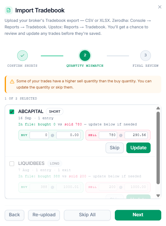 Review screen for a trade with mismatched buy and sell quantities