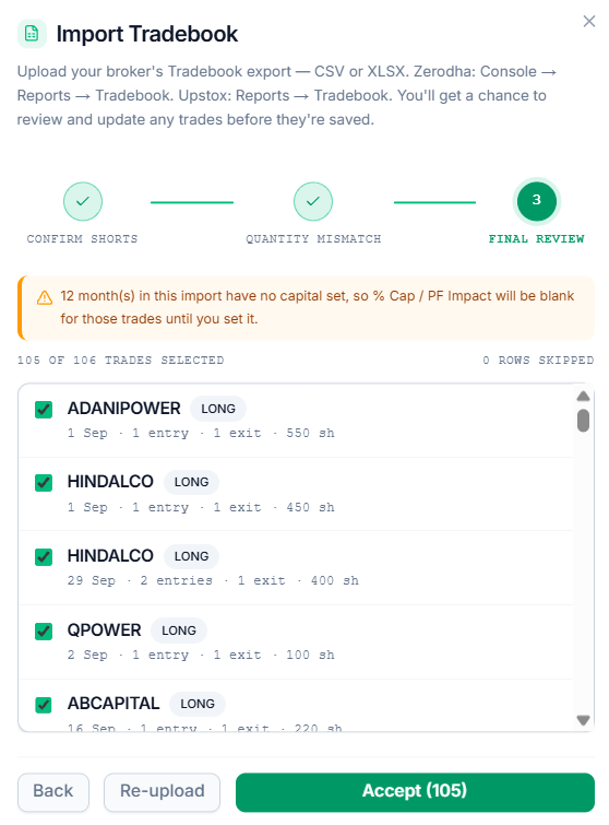 Final list of trades ready to import, with checkboxes and existing trade markers