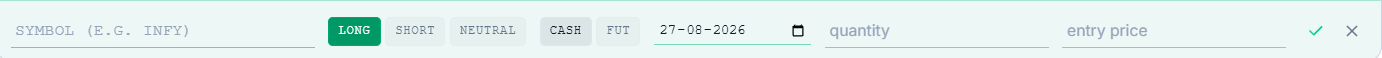 Log new trade form, showing Symbol, Long/Short/Neutral, Cash/Fut, date, quantity, and entry price fields