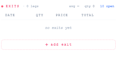 Exits panel, showing "no exits yet" and the "+ add exit" button